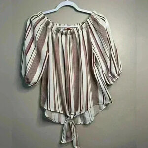 5 for $25| Rubee 3/4 sleeve striped white maroon blouse top front tie size large